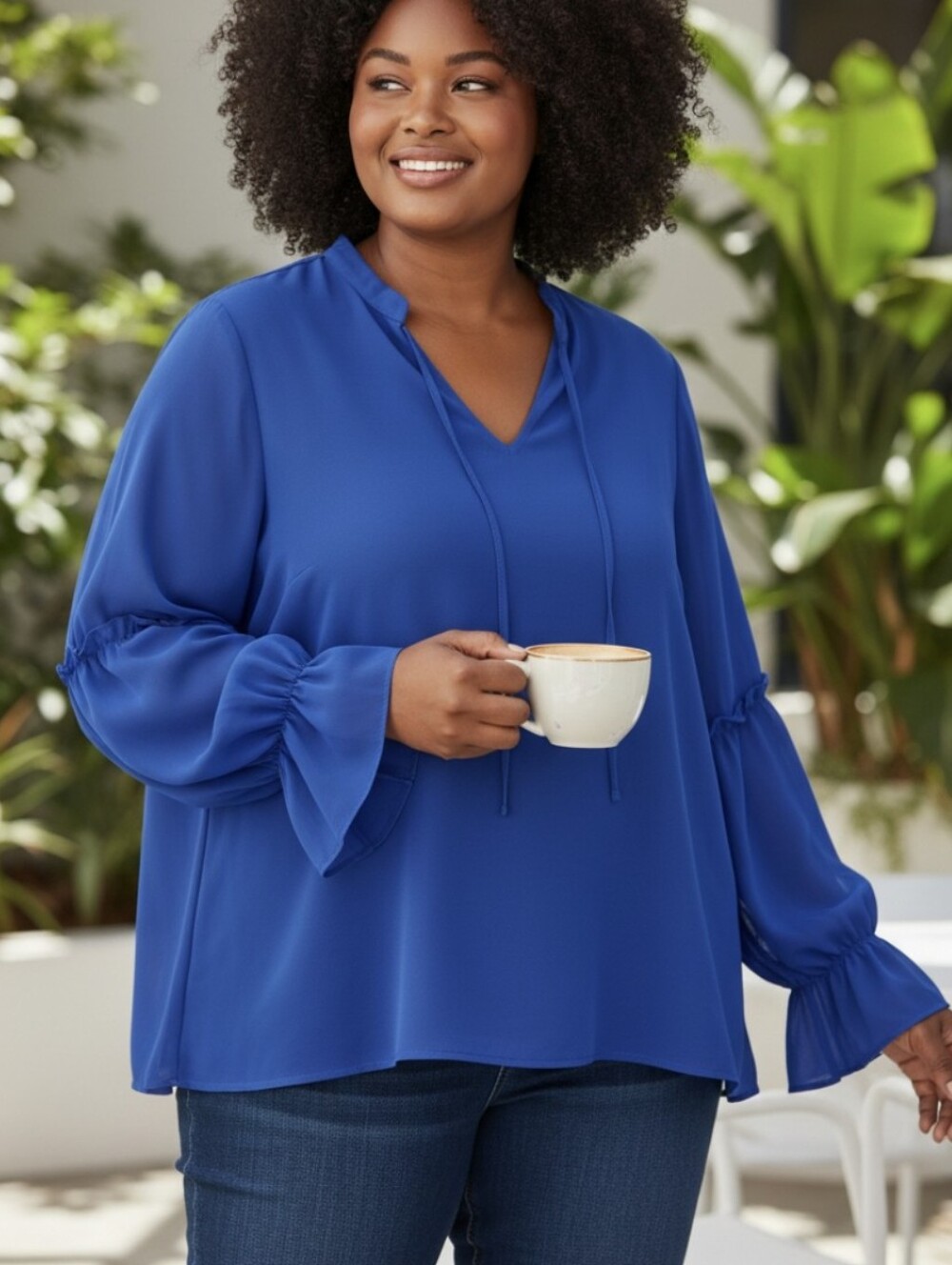 Eloquii Plus Size Royal Blue V-Neck Tie Blouse